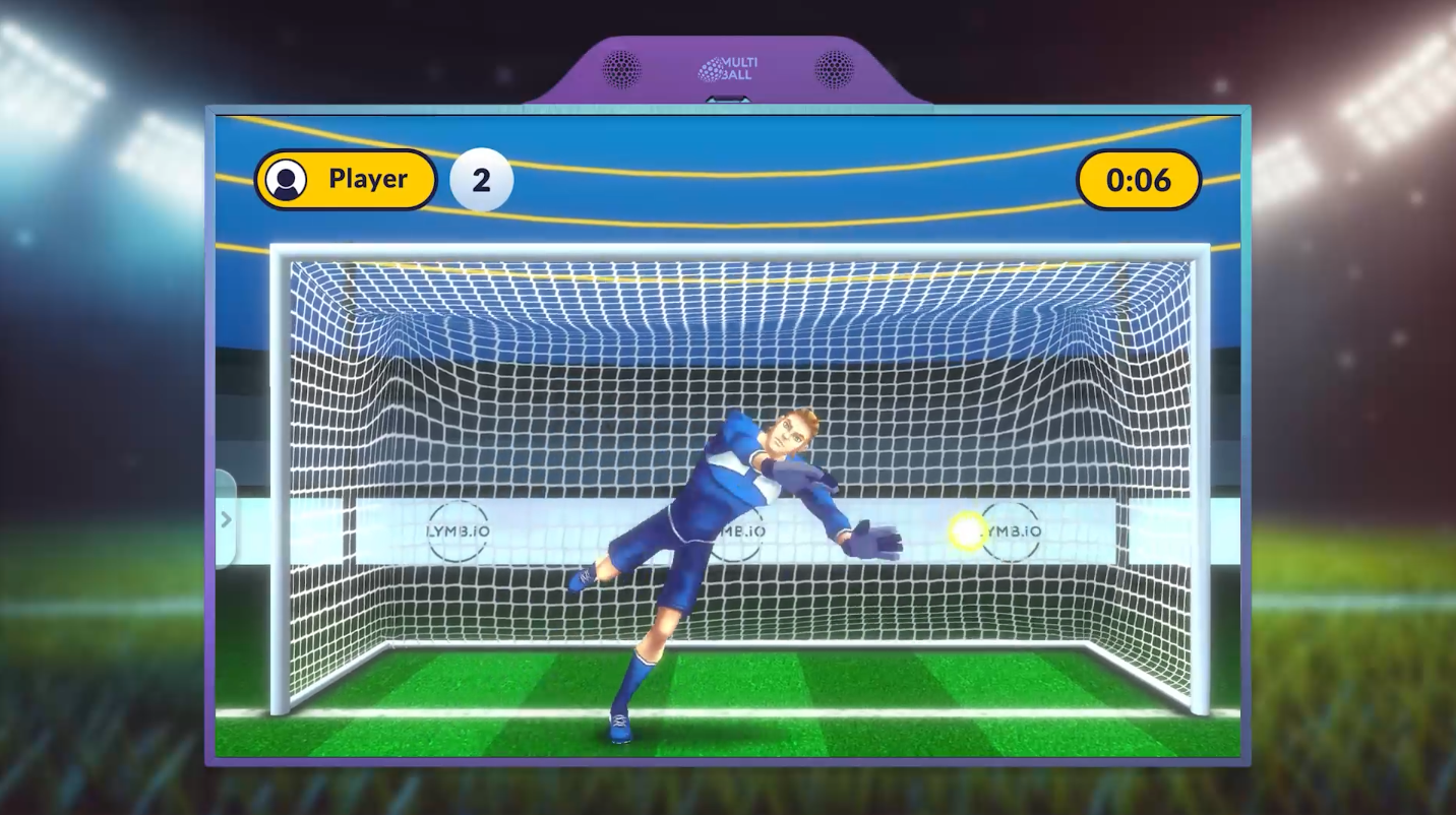 Image of MultiBall's new Goal 3D game, featuring an AI goalkeeper mid-air, diving to block a shot.