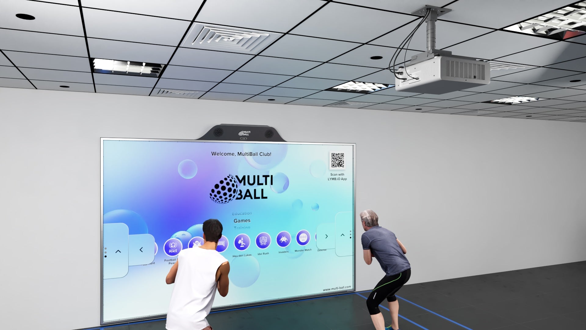 Two players playing on an interactive MultiBall Club projector system