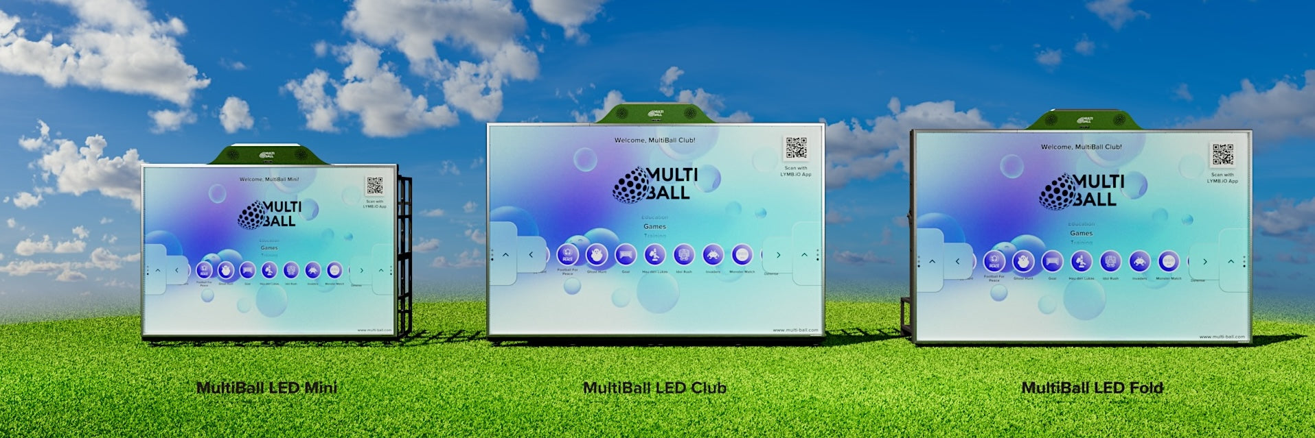 Rendering of the three mobile MultiBall LED Systems made for indoor and outdoor use. The interactive sport walls from left to right: MultiBall LED Mini, MultiBall LED Club and MultiBall LED Fold.