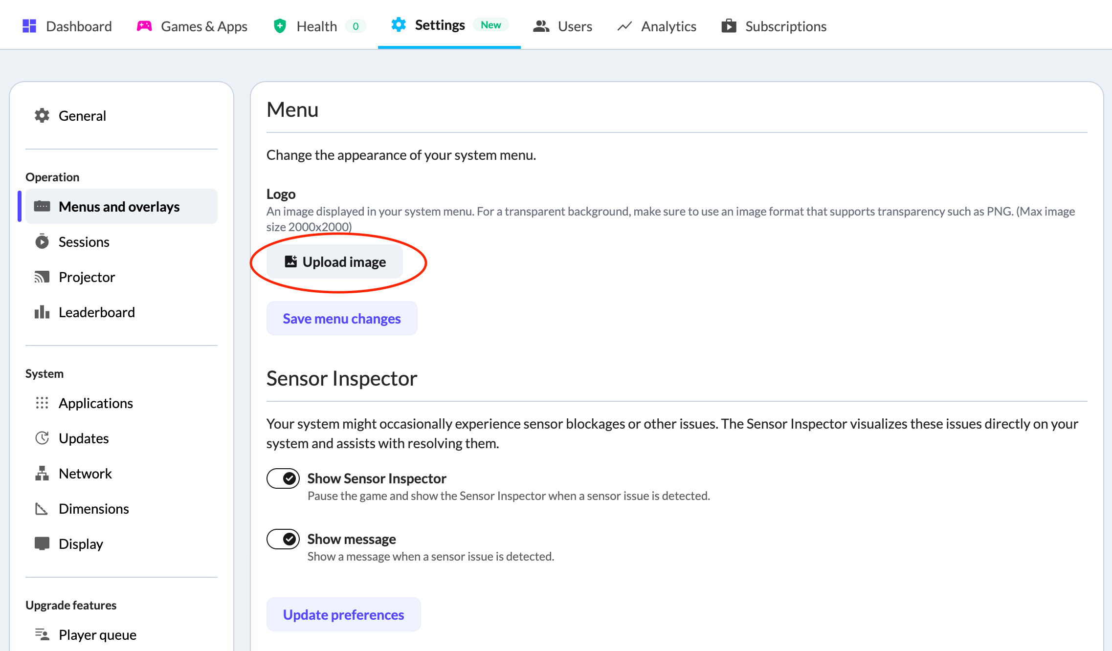 Screenshot of the MultiBall Admin backend to upload a custom Menu logo to personalise the MultiBall