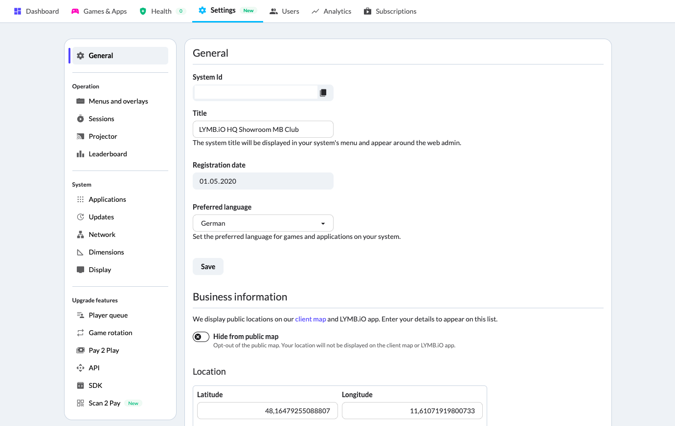 Advanced settings in the MultiBall Admin to set the System name, language, location and much more