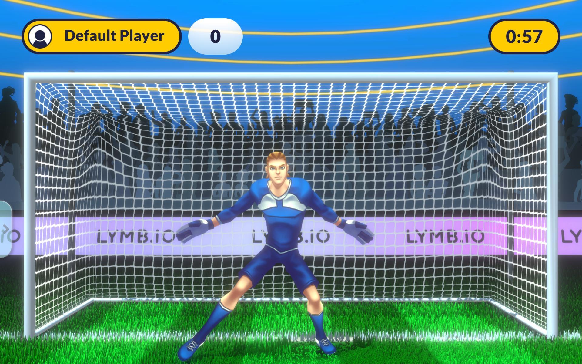 Goalkeeper in a blue uniform in the game Goal 3D standing in front of a goal with 'LYMB.IO' branding on a digital soccer game interface in the background.