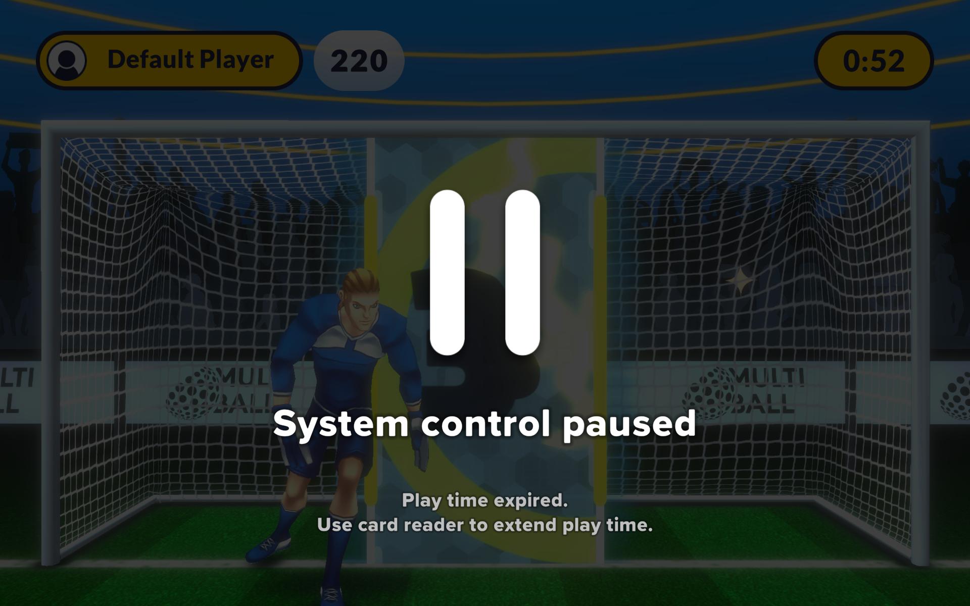 A screenshot of a Goal 3D game showing a large white pause icon and the text 'System control paused' and 'Play Time expired. Use card reader to extend play time.' for the Pay2Play mode on MultiBall
