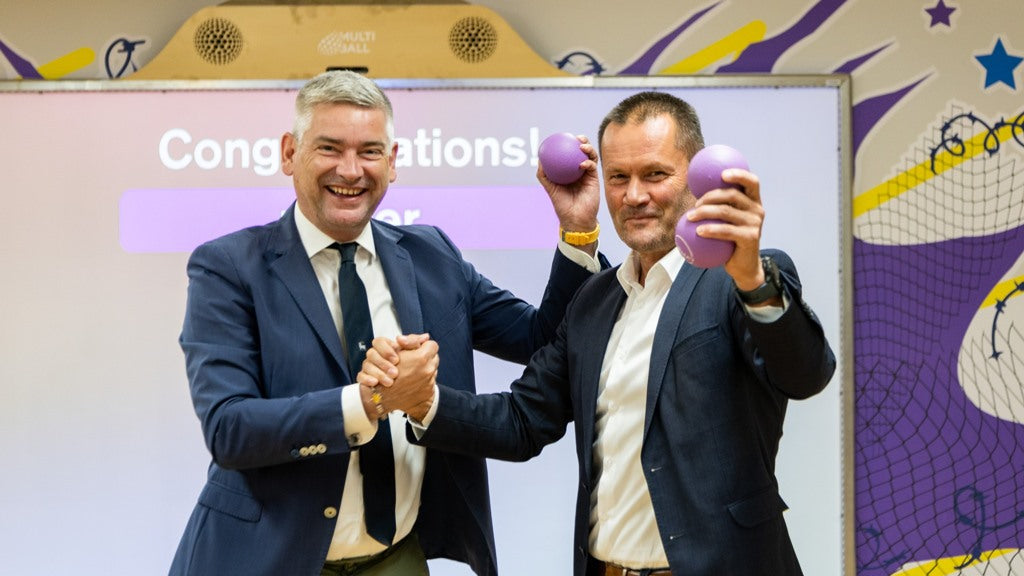 Istrian County Prefect Boris Miletić, and Mayor of the Municipality of Sveti Petar u Šumi, Mario Bratulićin shaking hands and celebrating with softballs in the hand the most modern fitness center in Croatia with the addition of MultiBall in the background as an inclusive sport system for all ages