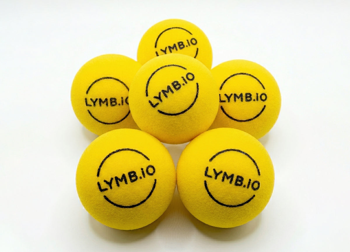 Yellow foam softballs with 'LYMB.IO' branding arranged in a circle on a white background