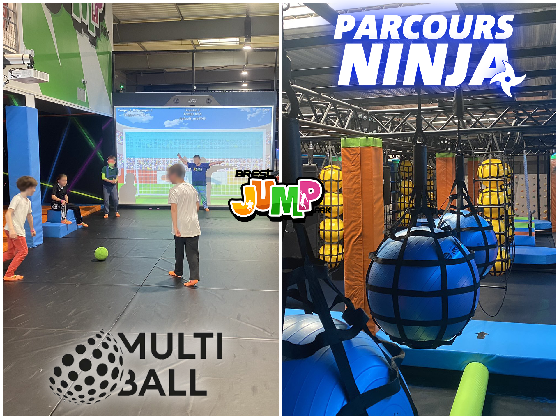 Two images showing kids playing soccer on MultiBall in the indoor trampoline park Brest Jump next to a Ninja parcour