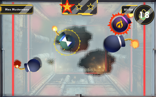 Gameplay from the Bombs remake game on MultiBall, showing a screen of defusing bombs with various power-ups.