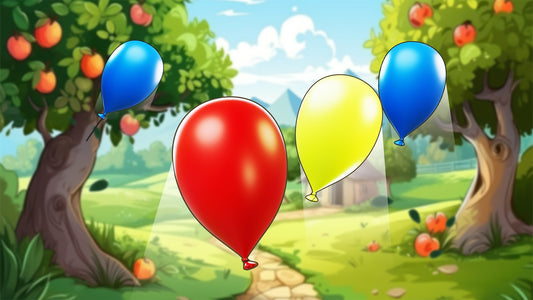 Title picture of the MultiBall game Balloon Mania which is a remake of Balloon. Four balloons are visible with a background of apple trees, a small farm house and mountains