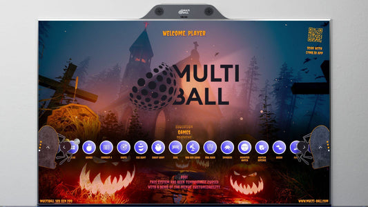 Halloween-themed MultiBall interface with a spooky background, carved pumpkins, and eerie decorations, showcasing the system’s custom menu capabilities. The MultiBall logo and game icons are displayed with Halloween visuals.