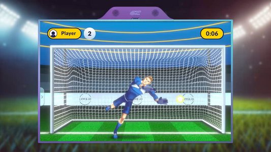 Image of MultiBall's new Goal 3D game, featuring an AI goalkeeper mid-air, diving to block a shot.