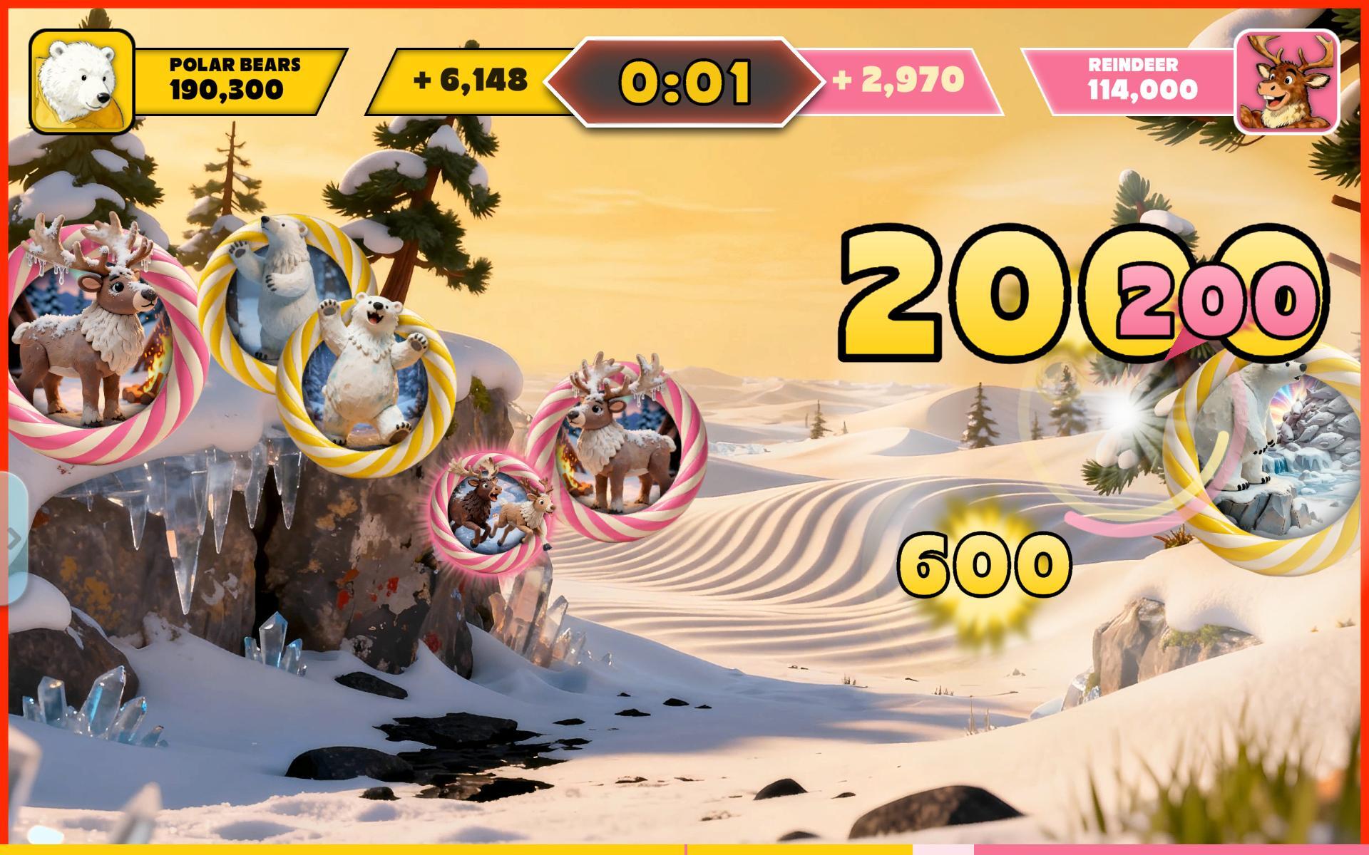 The new game Knockout with team polar bears against team reindeer trying to score the most points.