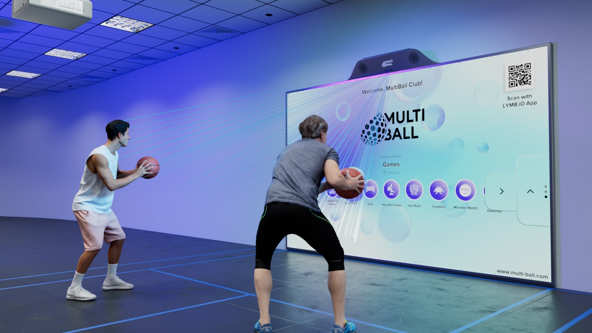 Two people with basketballs in hands in front of the interactive sports wall MultiBall in a room with the MultiBall menu shown and a projector in the top left corner