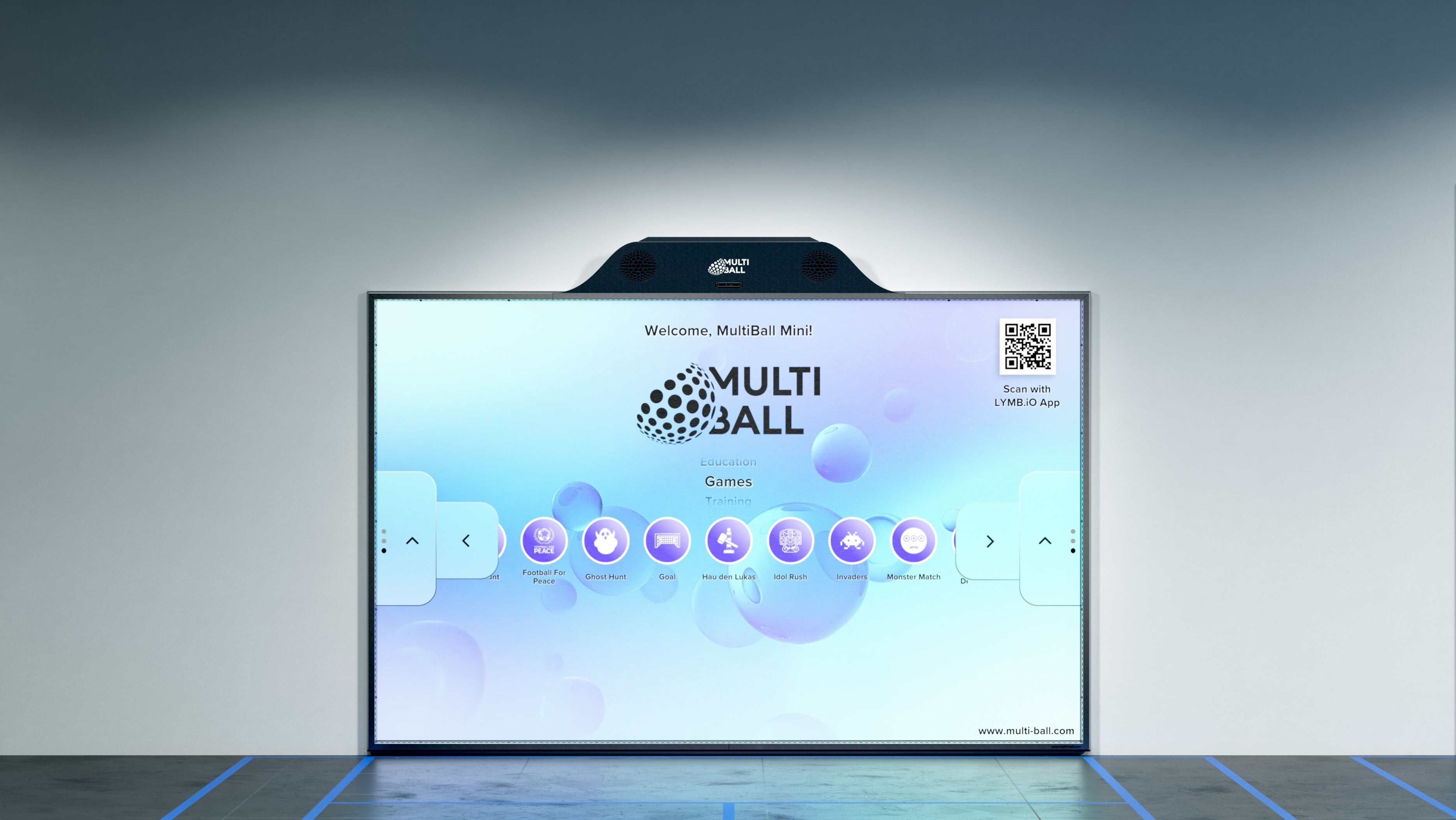 The interactive MultiBall Mini Gen 4 installed on a white wall as a projector-based version