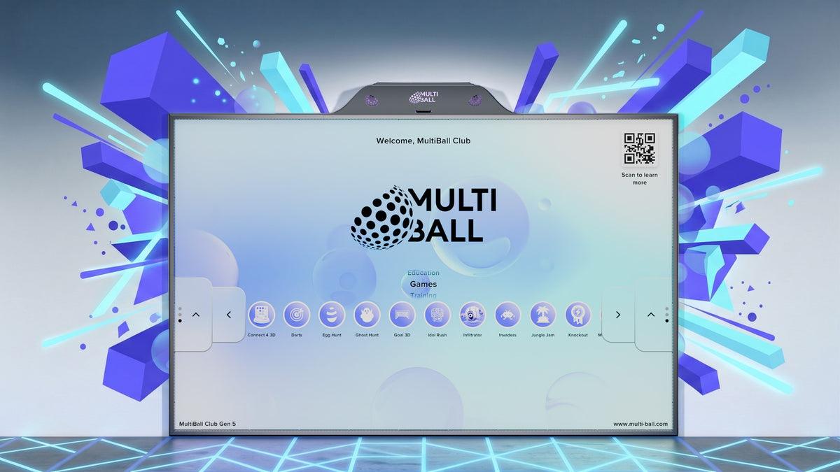 Announcing the Generation 5 of MultiBall with an art design around the interactive sports wall. It has the new illuminated console and shows new games in the menu that run on the new LYMB.iO Cortex computer.