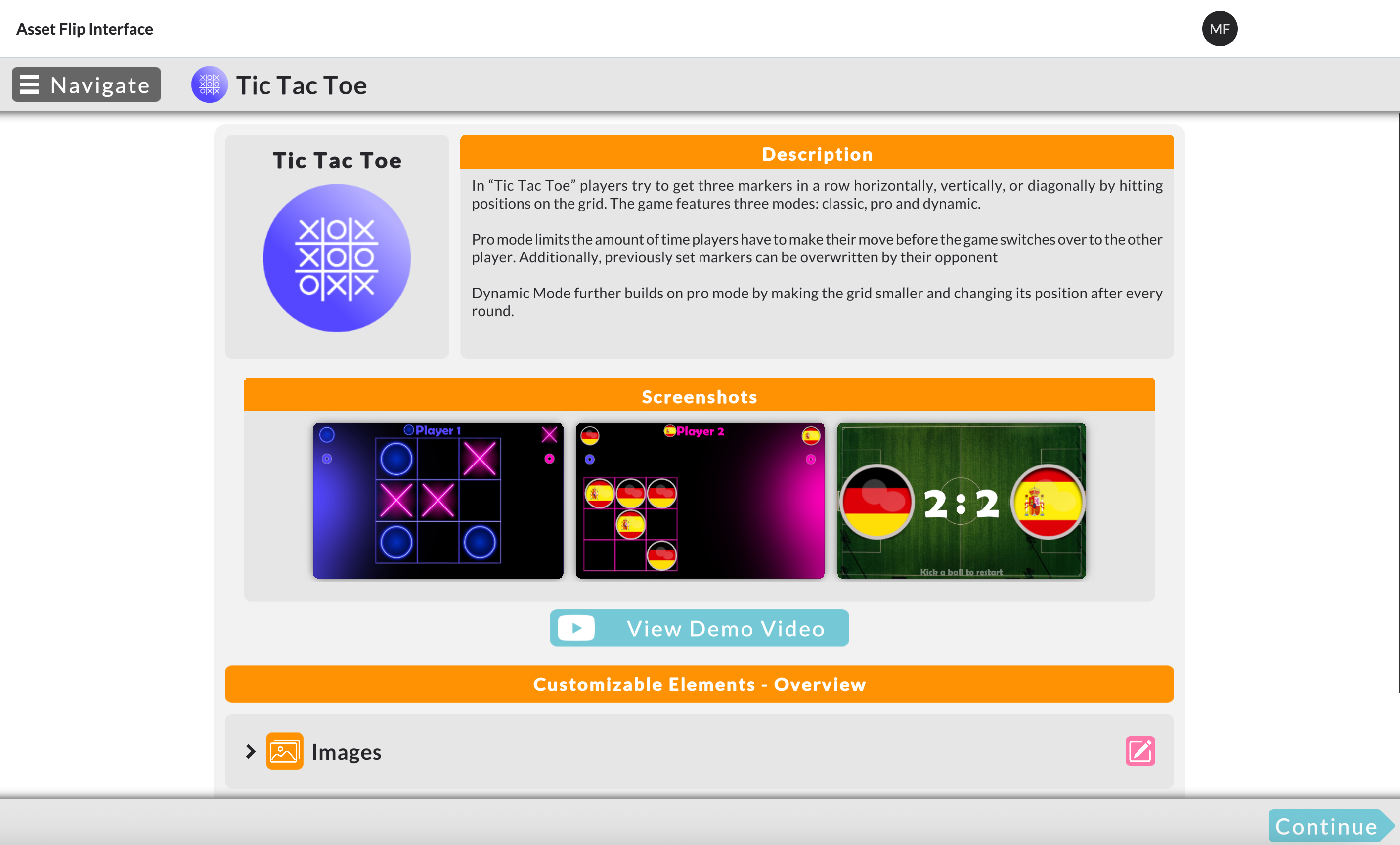 Asset Flip Interface to customize by Drag-and-Drop the games on the interactive wall MultiBall. In this case the Tic Tac Toe game where the the example shows a customization for the soccer match Germany vs. Spain