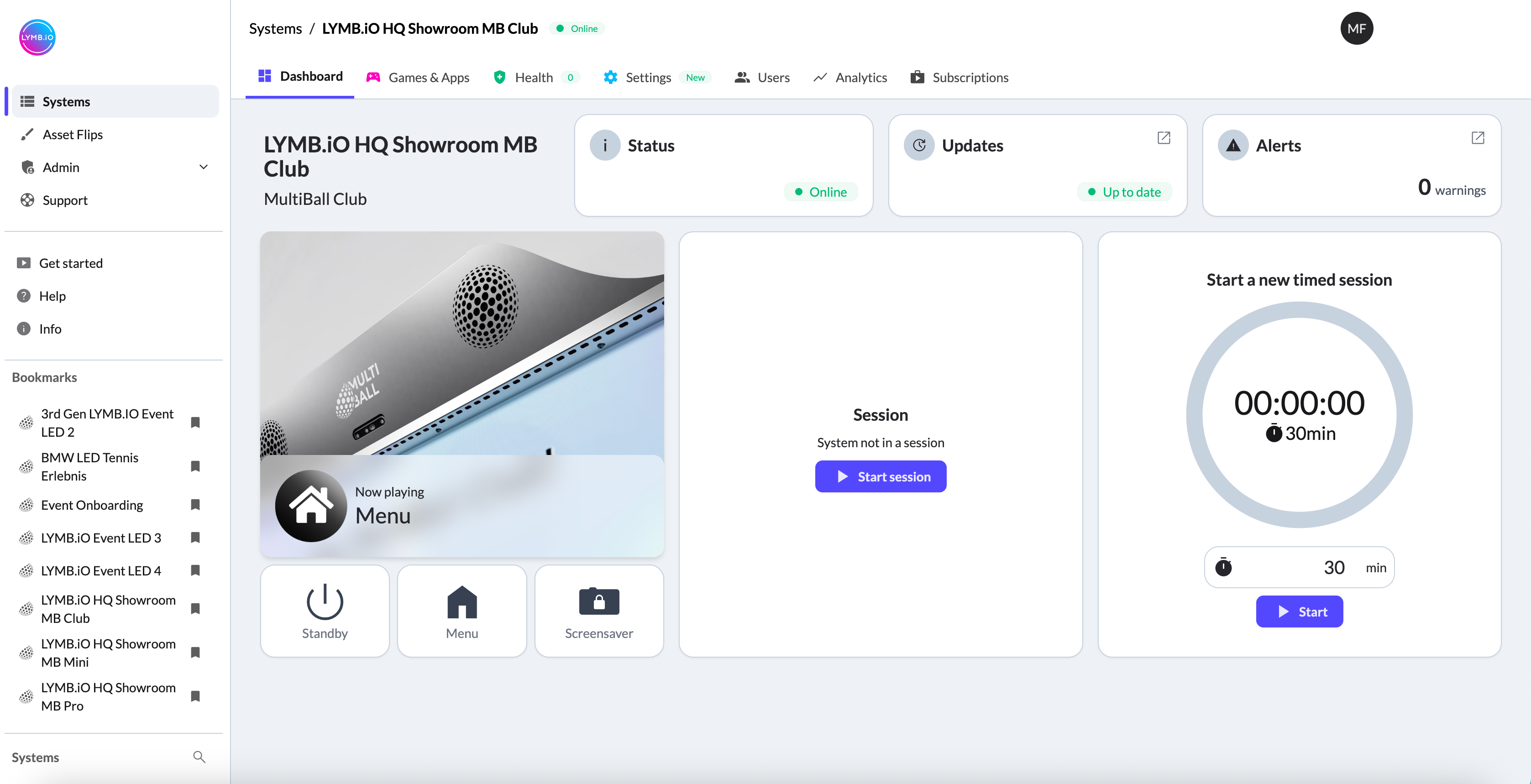 Admin interface showing the Dashboard for the MultiBall to remote control it.