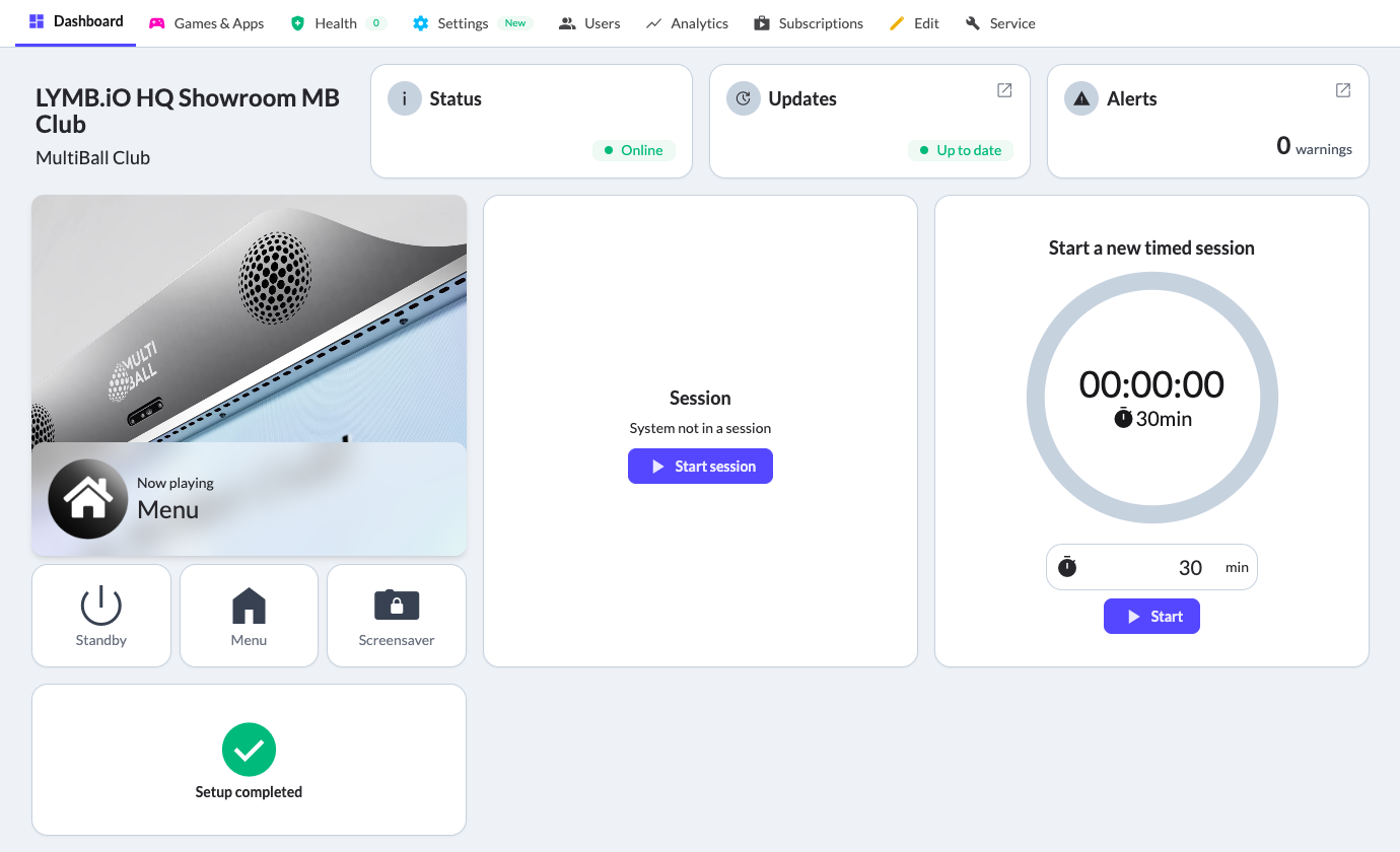 MultiBall Admin showing the Dashboard of the MultiBall to remotely control the MultiBall, see what is currently played and control sessions.