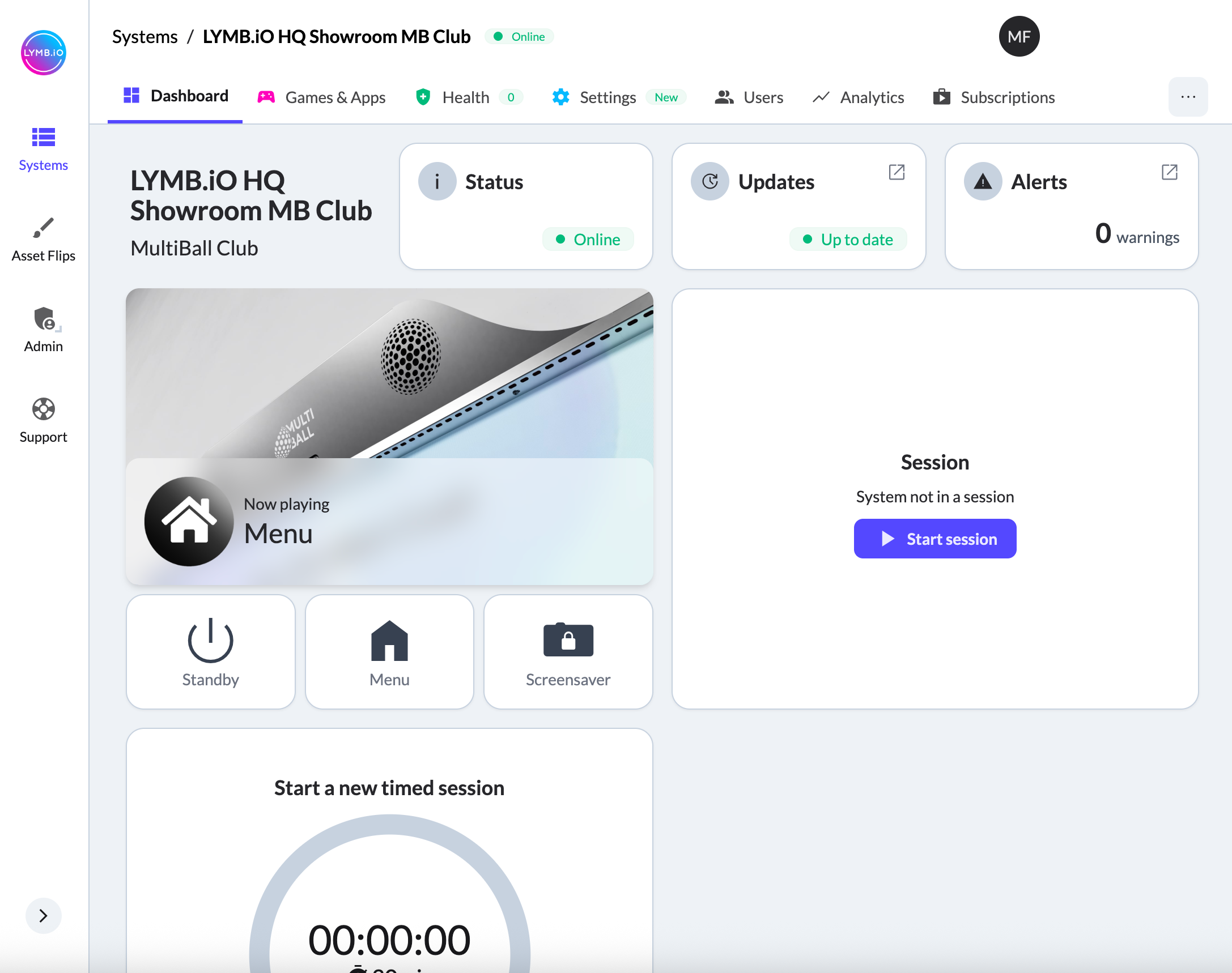 MultiBall Admin backend interface to showing the status of the interactive wall MultiBall to control and customize the system