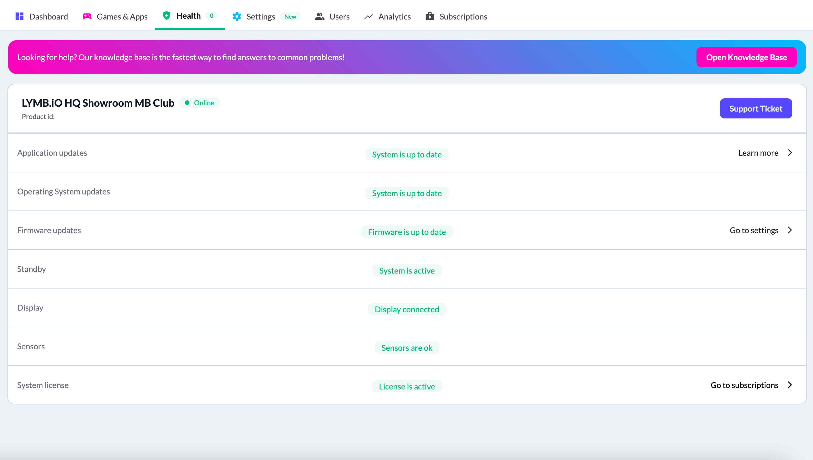 Health Page in the MultiBall Admin showing the status of the MultiBall for reliable 24/7 runtime, access to our extensive knowledge base and the option to get in touch via a support ticket.