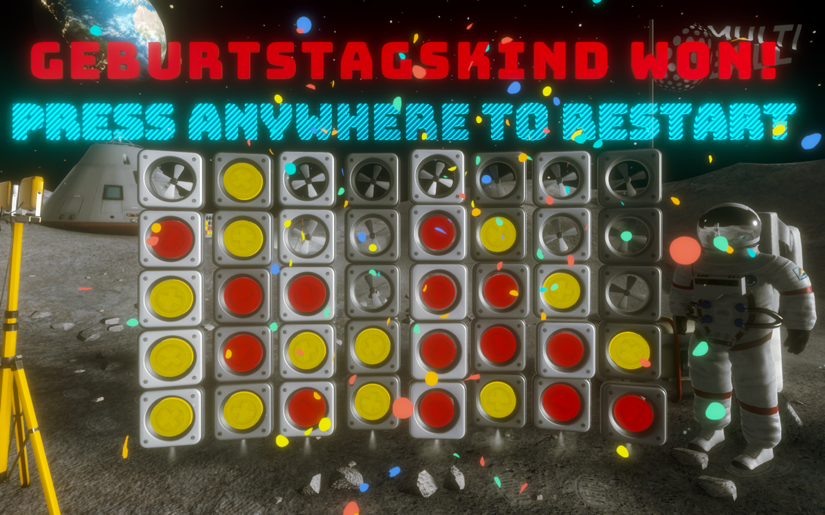A screenshot of the new game Connect 4 which has different 3d worlds. In this case its on the moon with an astronaut and space equipment und classic Connect 4 rows and coins plus a celebration text on top for the red player that won.