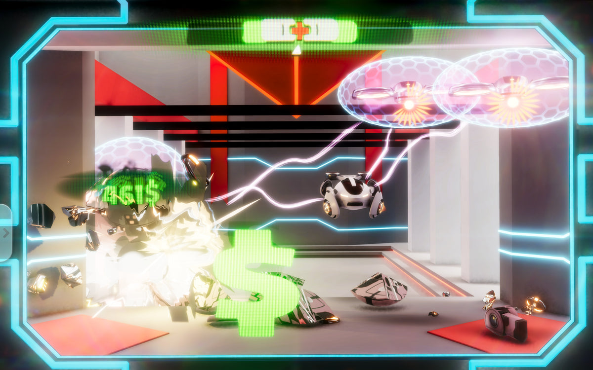A screenshot from the new Infiltrator game developed for LYMB.iO Cortex on MultiBall showing drones getting destroyed with some being protected by shields and health bar top. Rewards for destroy the drones before they shoot back are shown with money the player earns.