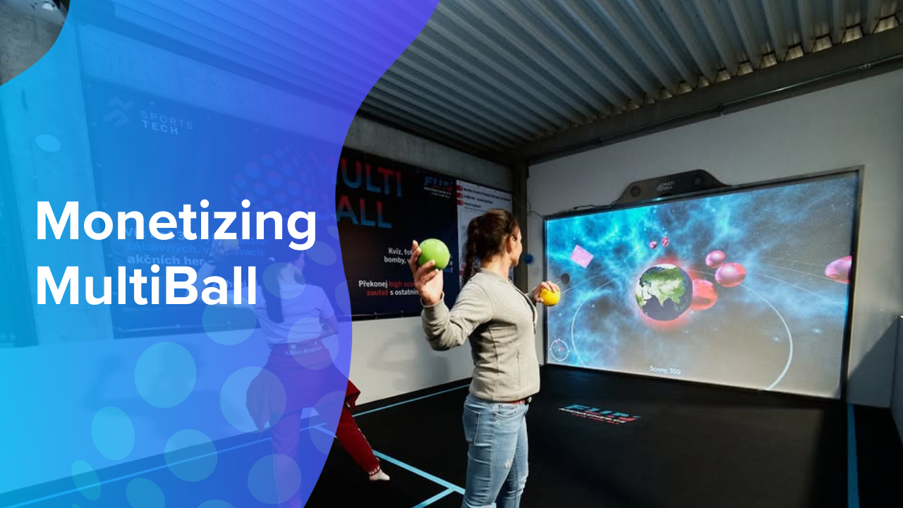 Two persons throwing balls at the MultiBall in an indoor playground. Overlaid text on the left with 'Monetizing MultiBall'.