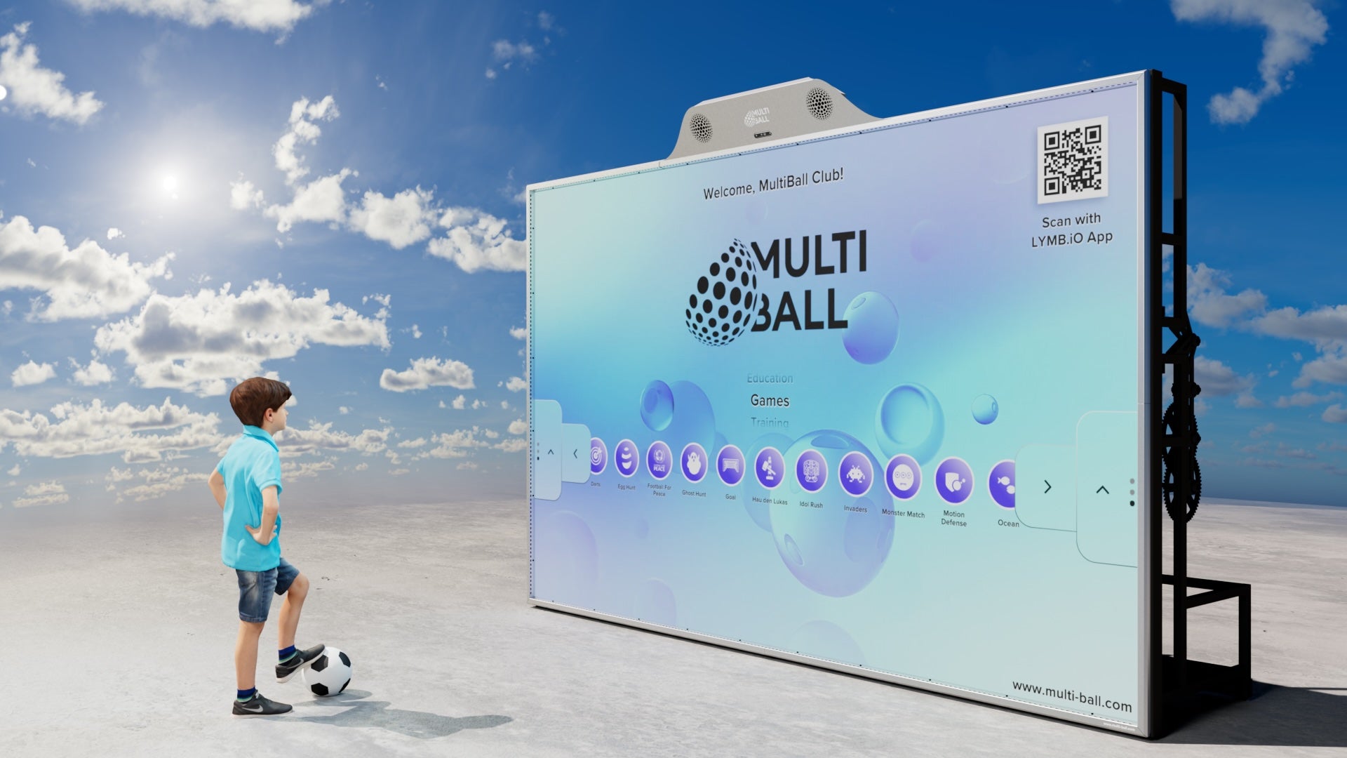 The MultiBall LED Fold system set up outdoors with a child playing with a soccer ball in front of it.
