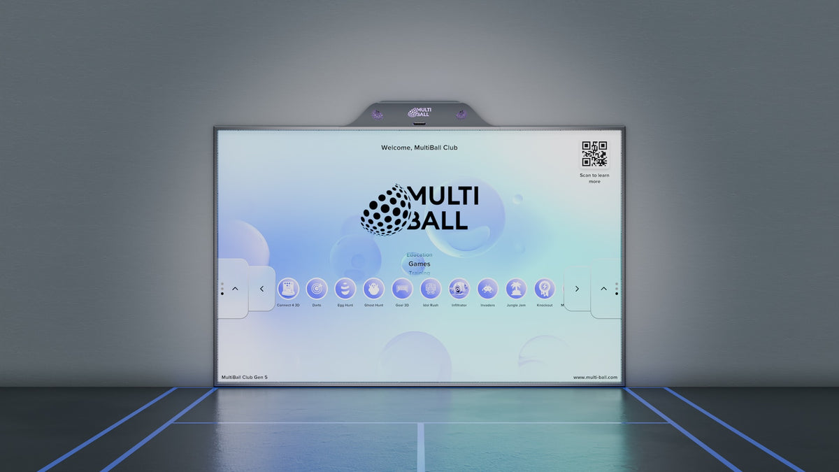 The interactive sports wall MultiBall Club Gen 5 installed on a white wall as a projector-based version showing the menu