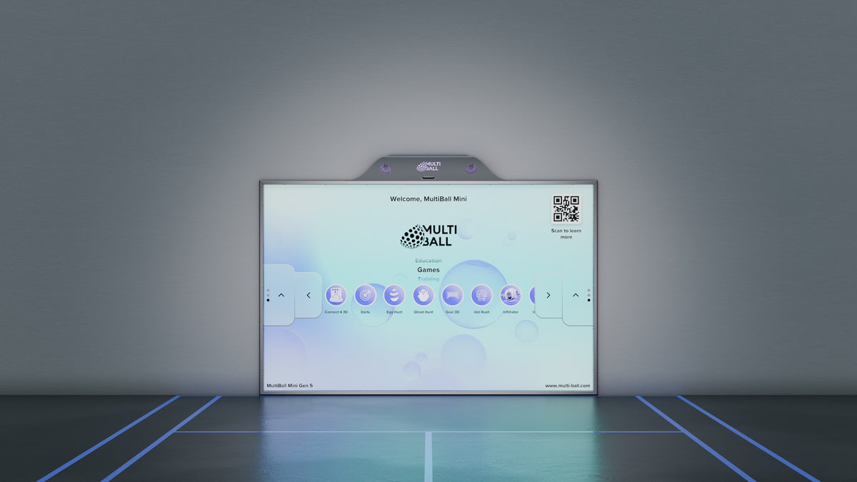 The interactive sports wall MultiBall Mini Gen 5 installed on a white wall as a projector-based version showing the menu