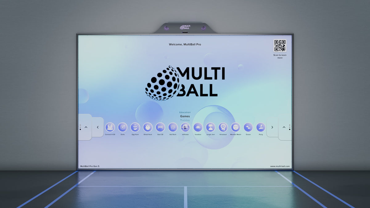 The interactive sports wall MultiBall Pro Gen 5 installed on a white wall as a projector-based version showing the menu