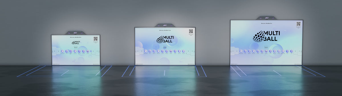 A size comparison of the interactive sports walls MultiBall Mini, Club and Pro Generation 5 installed on a white wall showing the menu