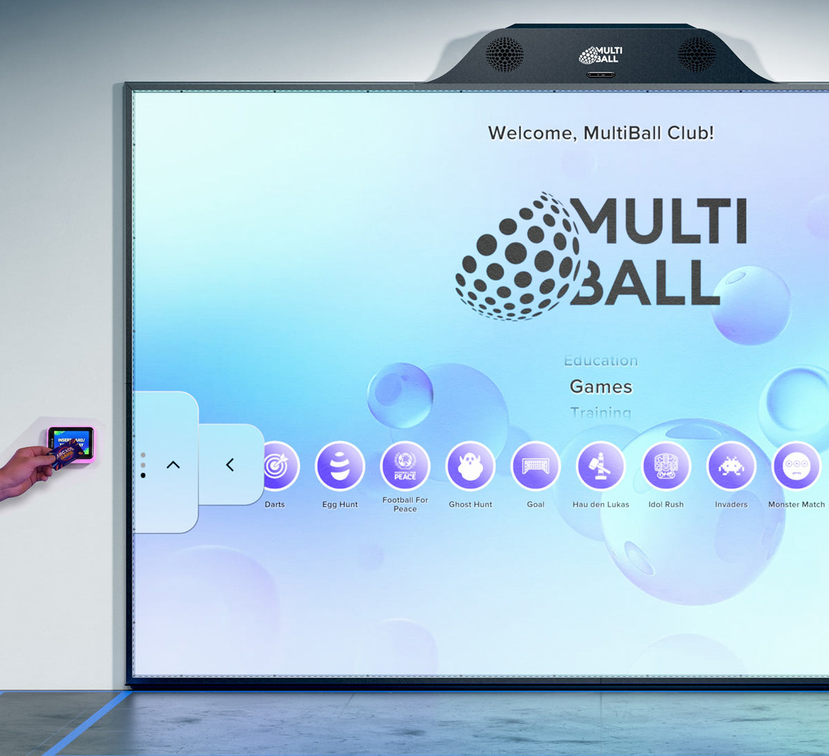The MultiBall Club in the menu with a connected card reader for Pay2Play with a person holding a card in front of the card reader to pay for play time.