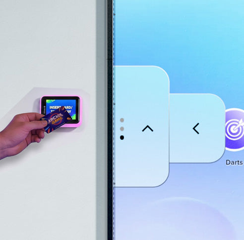 A person scans the card reader with a card to unlock the MultiBall. On the right side the interactive sports wall is in the Menu.