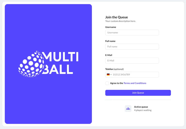 Player Queue Pro sign up page showing the form that people need to fill out to join and play MultiBall for operators to collect leads